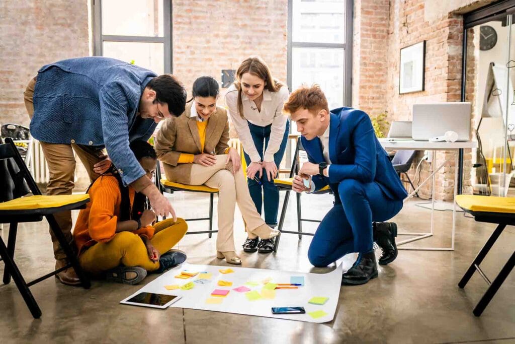 A business team exercising creative problem solving skills training